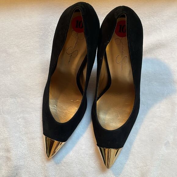 Jessica Simpson Black Suede Leather Gold Tipped Heels. 10 - Picture 5 of 6